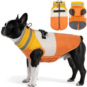 Dog Coat, Waterproof Dog Winter Coats for Small Dogs, Reflective Dogs Jacket with Harness Built in, Zip-up Cold Weather Coats Pet Vest Turtleneck Doggy Snowsuit, Orange Medium