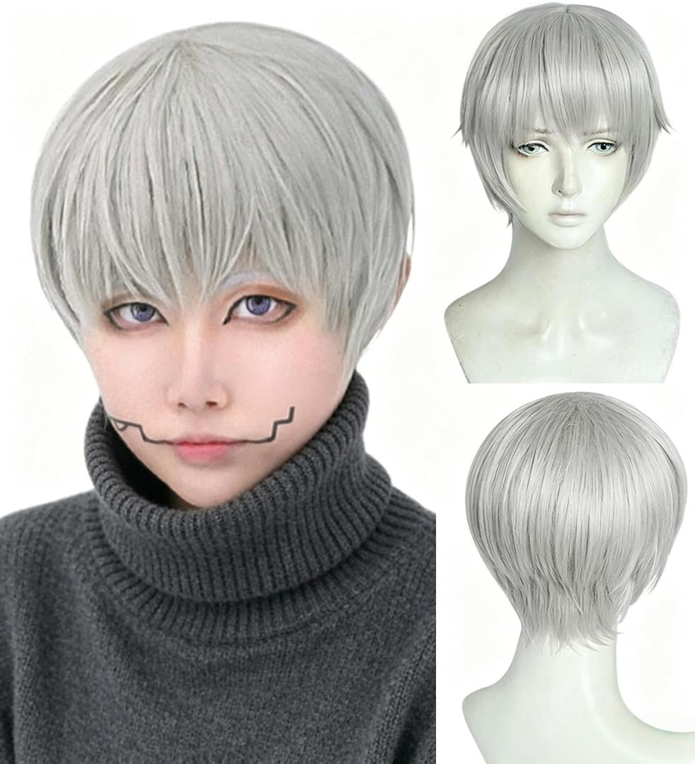 ANOGOL Wig Cap+Short Silver Cosplay Wig Men Synthetic Grey Hair with Bangs Short Silver Grey Wigs with Bangs Costume Wig for Halloween Anime Cosplay Light Gray Wigs for Men Women Party Event