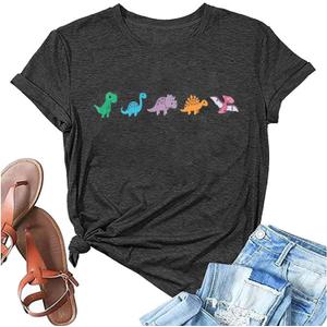 Women Cute Dinosaur Graphic Shirt Teacher Tshirt Girls Short Sleeve Casual Animal Lover Dino Tee Tops (Large, Dark Grey)