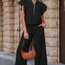 KevaMolly Womens Lounge Sets Black Textured Ruffled Sleeve Zipped Top and Wide Leg Pants Set Casual Daily Two Piece Sets M (M)