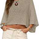 Saodimallsu Womens Batwing Short Sleeve Sweater Crop Tops Lightweight Oversized Boat Neck Crochet Knit Cover Ups, Small