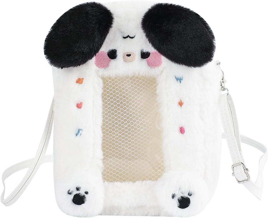 Clear Figure Display Bag for 10cm Doll - Crossbody Protective Case with Adjustable Strap, Dustproof and Portable, for Plush, Collectibles, and Gifts (White Puppy)
