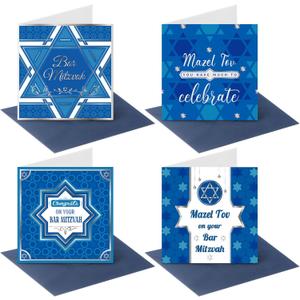 12 Pack Blue Bar Mitzvah Cards Bat and Bar Mitzvah Boxed Paper Star of Design Congratulations Jewish Greeting Cards with Envelopes