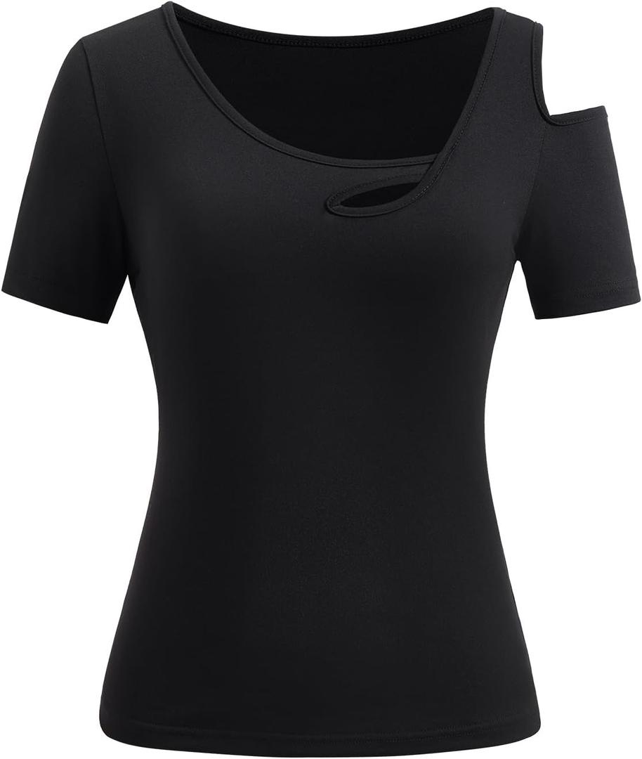 Women's Summer Cold Shoulder Tops Cut Out Asymmetrical Neck Going Out T Shirts (Large,Black)