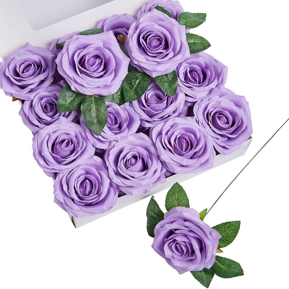 Roses Artificial Flowers Artificial Roses Fake Rose Silk Rose Fake Flowers with Stems for DIY Wedding Bouquets Party Tables Centerpieces Floral Arrangements (16, Lilac)