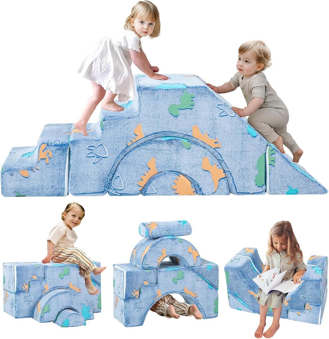 MeMoreCool Foam Climbing Toddler Couch, Modular Kids Sofa with Slide & Stair, Convertible Baby Couch for Playroom, Sectional Furniture for Crawling, Climbing, and Kids Play (Denim Dinosaur)