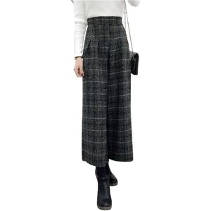 chouyatou Women's Winter High Waist Wide Leg Plaid Wool Blend Palazzo Capri Pants Culottes with Pockets (Medium)