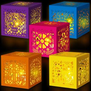 Pasimy 30 Pcs Day of The Dead Decorations Sugar Skull Candle Holder Boxes Decorative Hollowed Paper Boxes Luminary Bags for Halloween Dia De Los Muertos Party Decor Supplies, 5 Styles (Light,Retro)