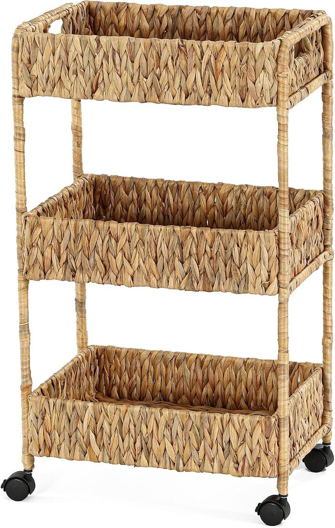 3-Tier Water Hyacinth Rolling Cart, Nursery Cart with Wheels