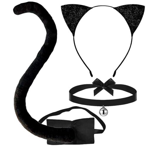 Jremreo 3-Piece Black Cat Ears and Tail Costume Accessory Set - Cat Ears Headband, Long Tail, and Bell Choker Necklace for Halloween, Dress-Up Parties, Cosplay, and Animal-Themed Party Supplies