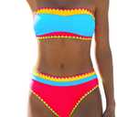 popvil Women's Strapless Bikini Sets Neon Color Block Bandeau Swimsuits Two Piece Bathing Suits for Beach Vacation 2025 (Medium, Blue)