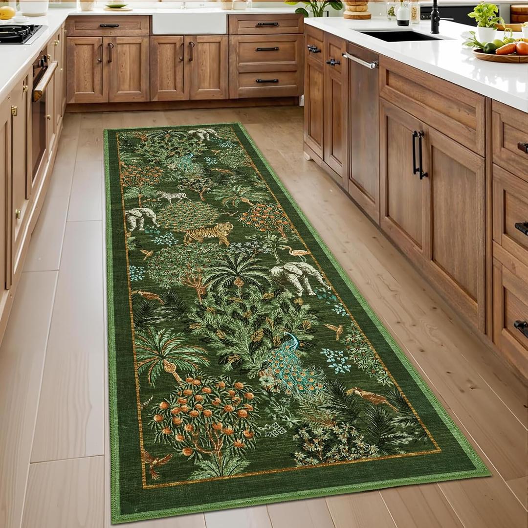 GarveeHome Jungle Rug 2.5x8 Kitchen Runner Rug Non Slip Washable Runners for Hallways, Animal Print Runner Rugs with Rubber Backing Low-Pile Forest Long Carpet for Bedroom Entryway Laundry, Dark Green