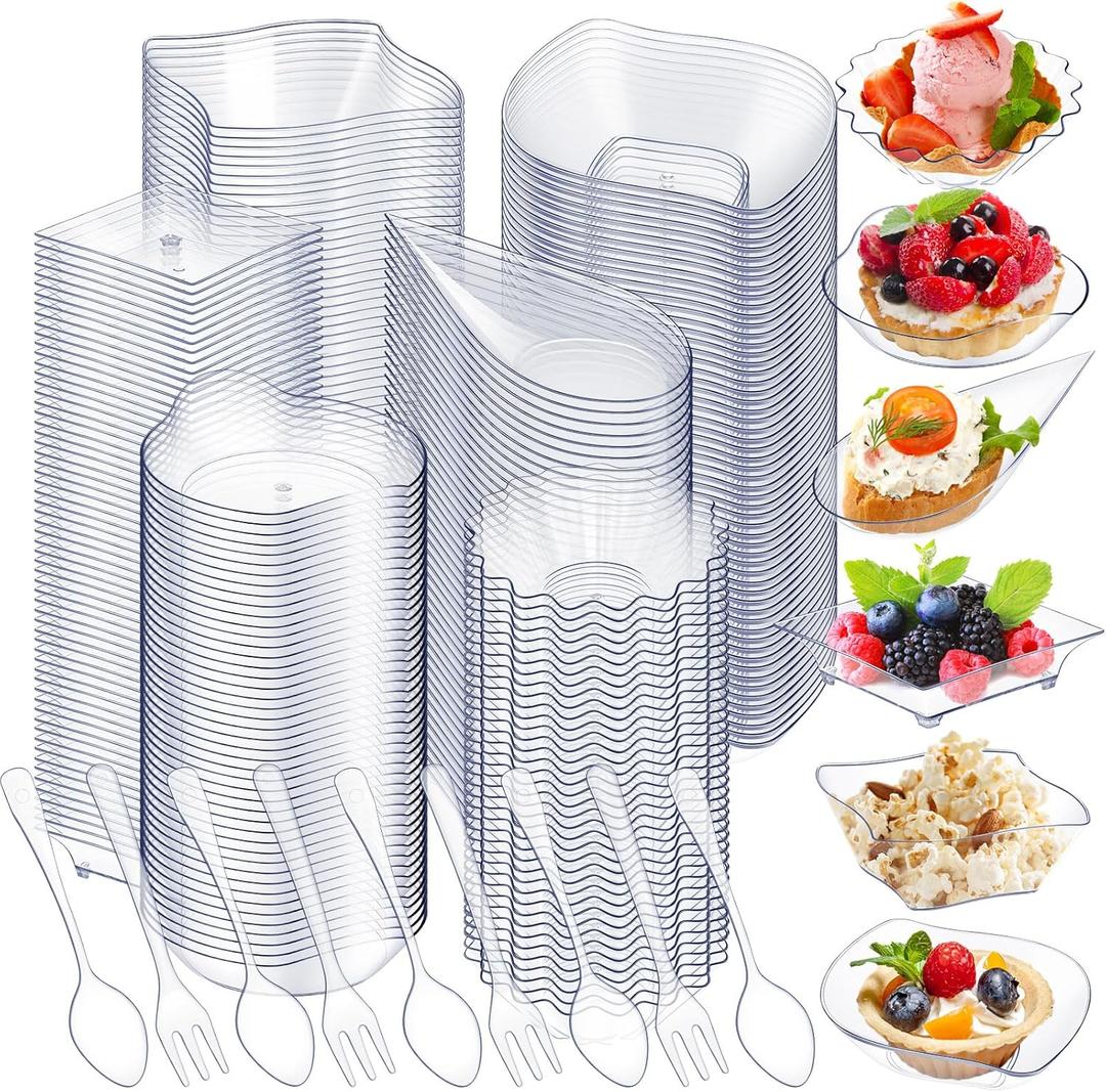 Tessco for you 1200 Pcs Mini Appetizer Plates Set Including 6 Shapes Disposable Mini Dessert Cups, Spoons and Forks for Party Wedding Pudding Ice Cream (Clear)