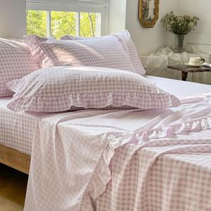 NSNLGSGC Pink Gingham Ruffle Queen Sheet Set, Pink Soft Pre-Washed Microfiber Plaid Queen Bed Sheets, 4-Pieces Farmhouse Sheet Set with Deep Pocket