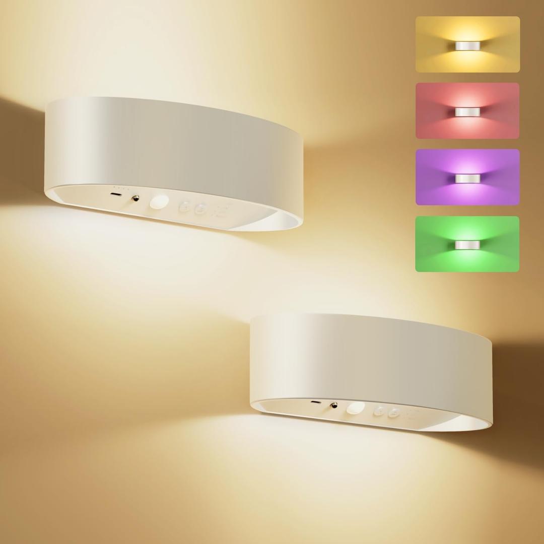 Motion Sensor Wall Light, 5000mAh Rechargeable Battery Operated Wall Sconces with Remote, 15 RGB Colors 3 White Temps Dimmable, Wireless Wall Sconces for Hallway, Living Room, Stairwell, Bedroom