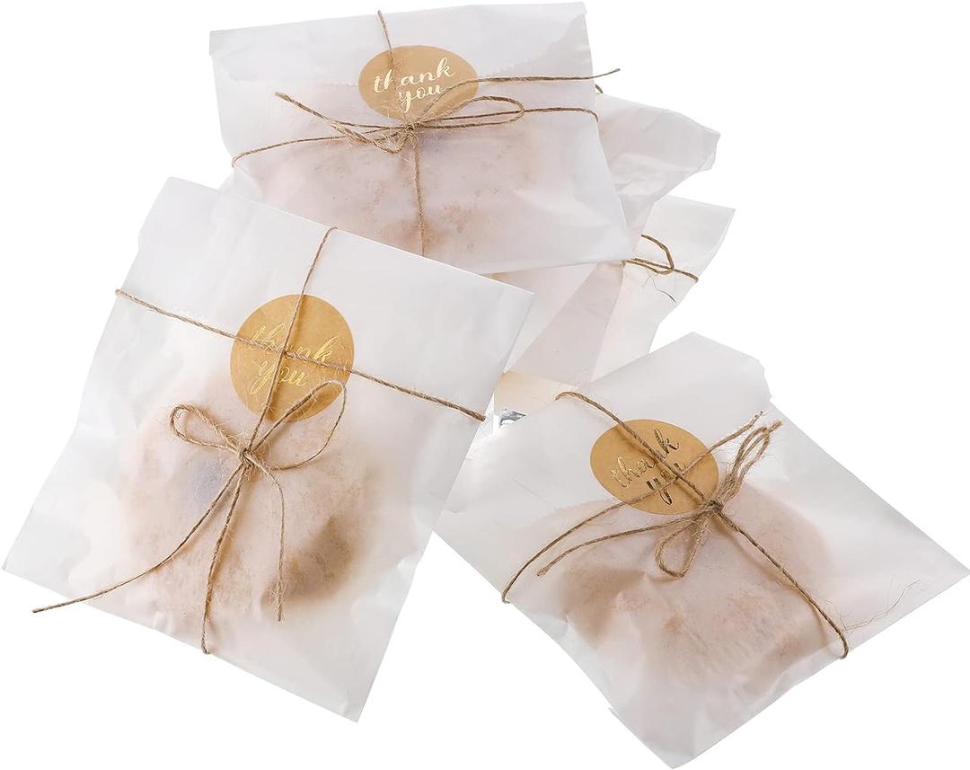 Zonon 100 Pieces Glassine Wax Paper Bag Cookie Bags Gourmet Bags, 100 Pieces Thank You Label Stickers and 263 Feet Jute Rope for Party Favors, Candy Cookie Chocolate