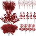 75 Pcs Christmas Glitter Branches 3 Styles Artificial Christmas Picks Berries Stems Pine Needles Floral Twig Spray for Xmas Tree Ornaments DIY Wreath Garland(Red)