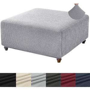 ANWUCHEN Ottoman Cover - Stretch Knitted Jacquard Square Slipcover - Soft Thick Storage Foot Stool Cover With Elastic Bottom, Medium Light Gray