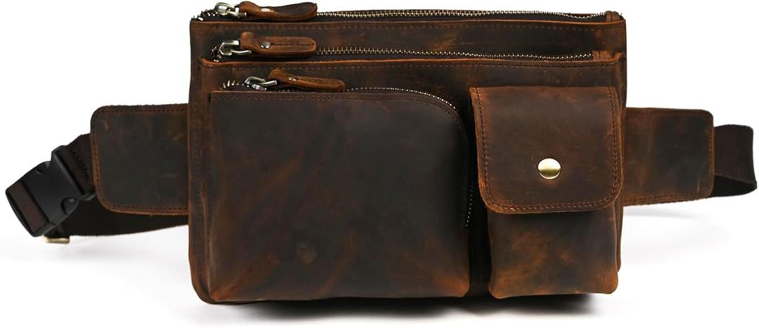 Thick Crazy Horse Leather Hiking Riding Travel Outdoor Belt Bag Fanny Waist Pack Small Phone Pouch For Men Women 380 (386 Brown)