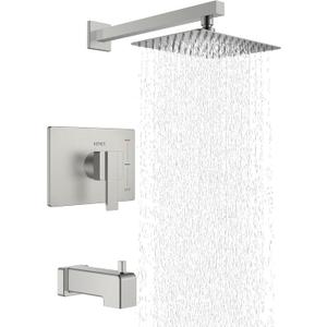 KENES Brushed Nickel Tub Shower Faucet Set Complete, Tub and Shower Trim Kit with 10-Inch Rain Shower Head, Square Shower System, KE-6024A (Shower Valve Included)