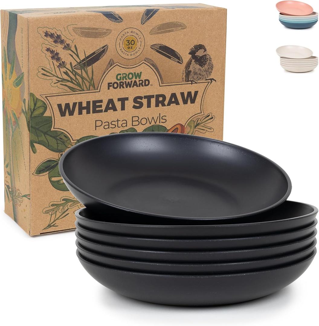 Grow Forward Premium Wheat Straw Pasta Bowls - 30oz Unbreakable Wide & Shallow Dinner Plate Bowls Set of 6 - Microwave Safe Reusable Plastic Pasta Bowls for Kids, Adults, Salad, Camping, RV - Midnight