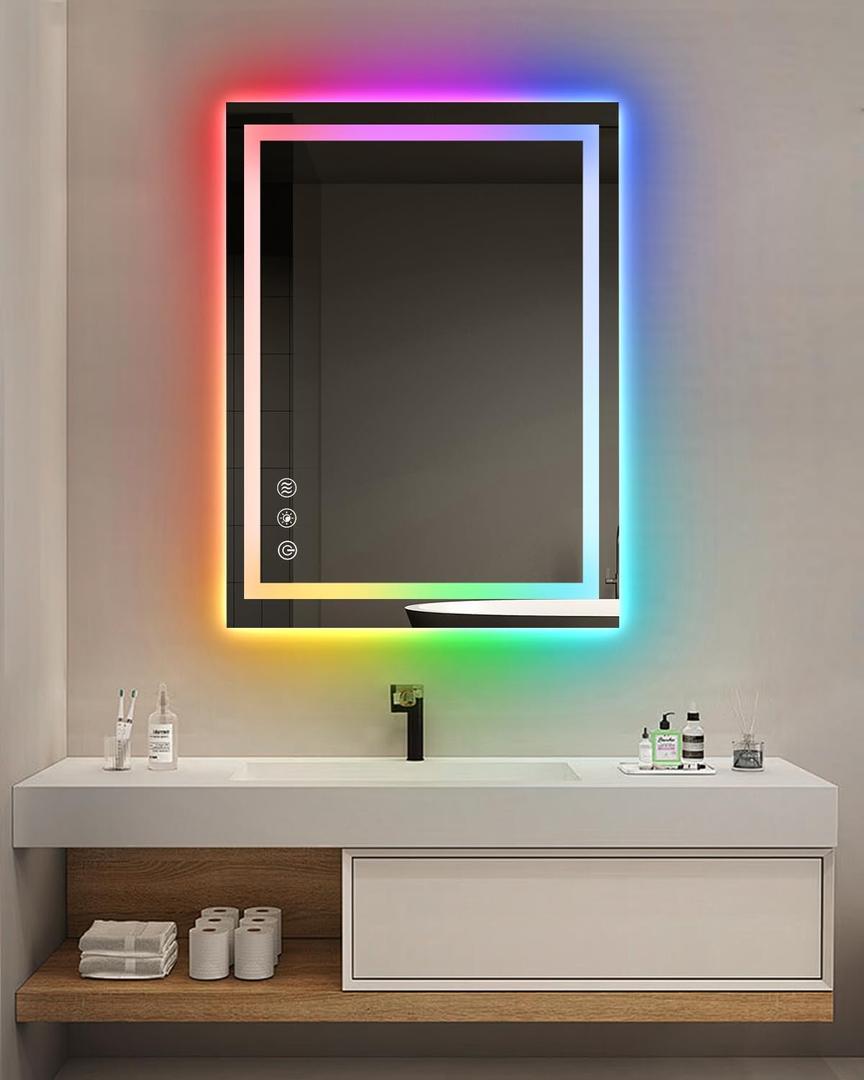 oneup 24"x32'' RGB Bathroom Mirror with Lights,RGB Color Changing LED Bathroom Mirror for Wall,Lighted Vanity Mirrors,Dimmable,Anti-Fog,IP54 Waterproof