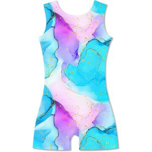 Funnycokid Girls Gymnastics Leotards with Shorts Sparkle Dance Unitards Mermaid Active Biketards (3-4T, Blue Purple Marble)