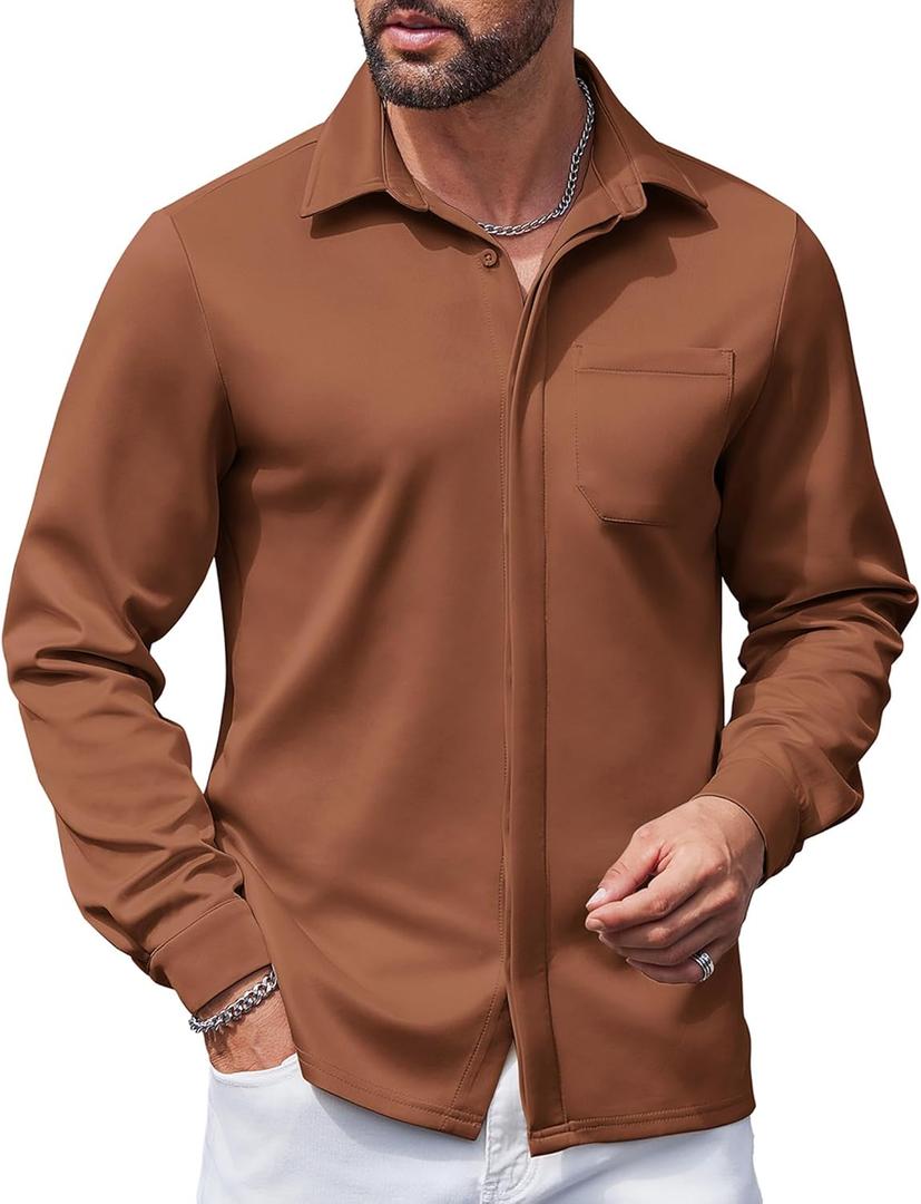 COOFANDY Mens Wrinkle Free Dress Shirts Long Sleeve Untucked Shirts Casual Button Down Shirts (Large, Brown)
