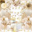 Birthday Decorations for Women, Golden Birthday Party Decorations, White Sand Beige Gold Balloons Tablecloth Birthday Sash Crown Fringe Curtain Butterfly Decor Gold Party Decor for Women Girls Bday