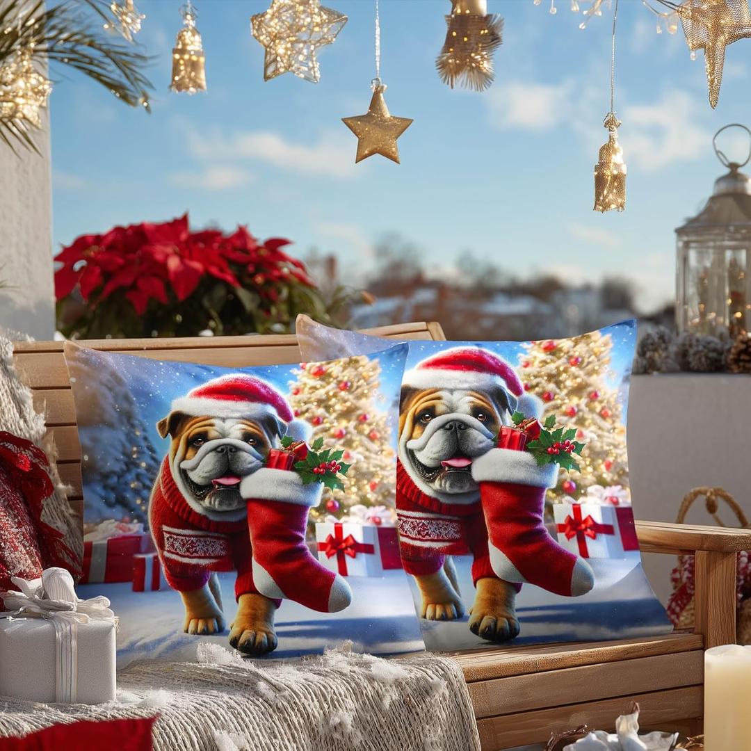2 x HOMETITUTE 18x18 Inch Set of 2 Merry Christmas Throw Pillow Covers Soft Decorative Bulldog Cushion Covers Holiday Winter Pillow Cases Rustic Farmhouse Decor for Sofa Couch Bed Living Room
