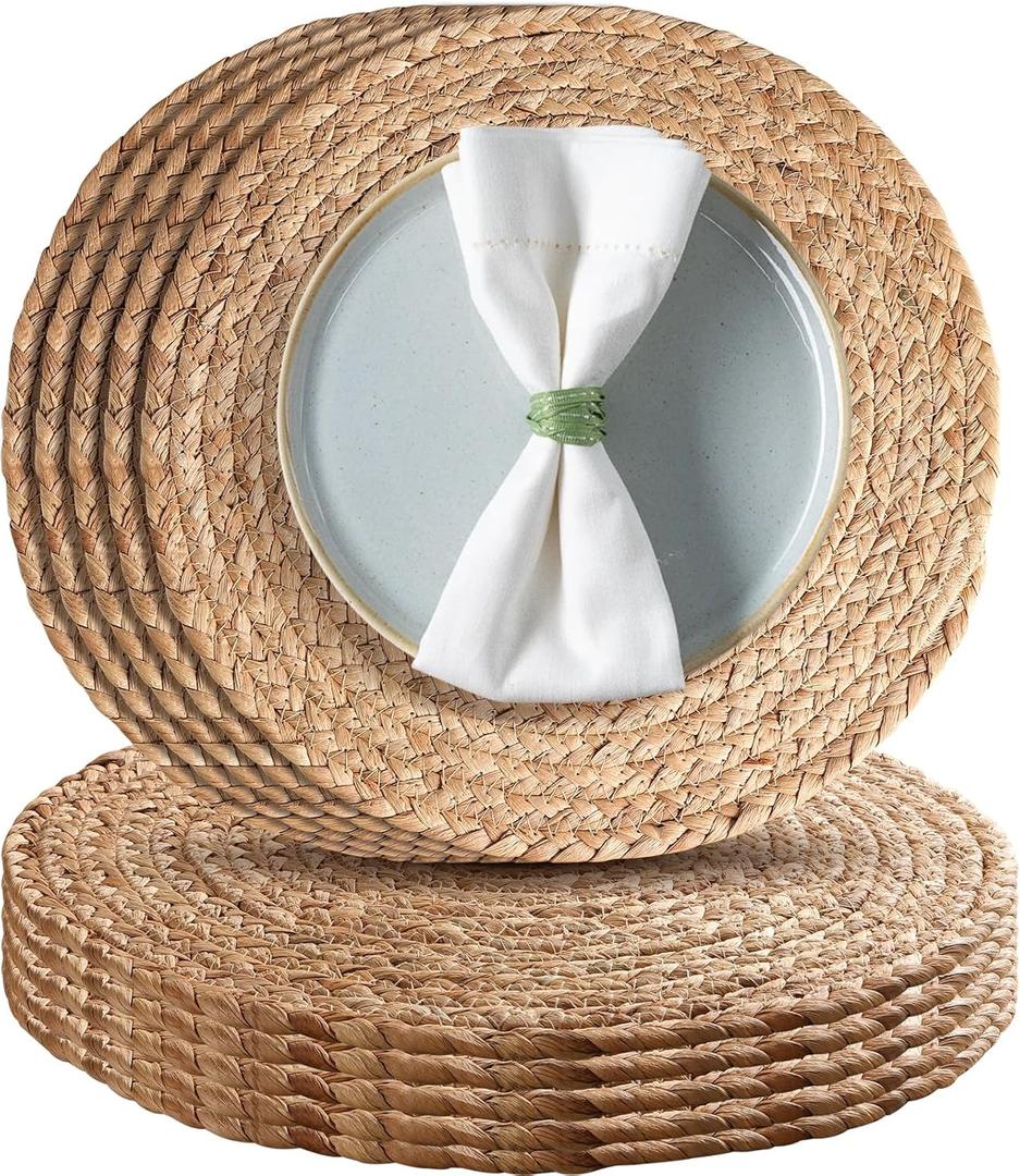 Aofmee 12 inch Round Woven Placemats Set of 10, Boho Rattan Place Mats, Natural Water Hyacinth Table Placemats, Farmhouse Weave Table Mats, Rustic Braided Wicker Charger Plates for Dining Table Decor