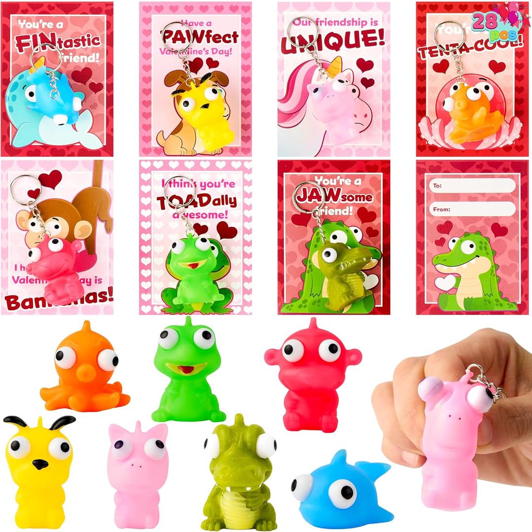 JOYIN 28 PCS Pink Valentines Cards with Animal Popping Eyes Keychains for Gifts Party Favor, Classroom Exchange Prize, Valentines Greeting Cards