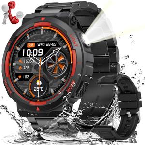 Military Smart Watches for Men (Answer/Make Calls) with LED Flashlight 3ATM Waterproof Smartwatch with 100+ Sports Modes 1.53" Fitness Tracker with Heart Rate Monitor for iPhone Android (2 Bands) (Black red + Stainless Steel Band)