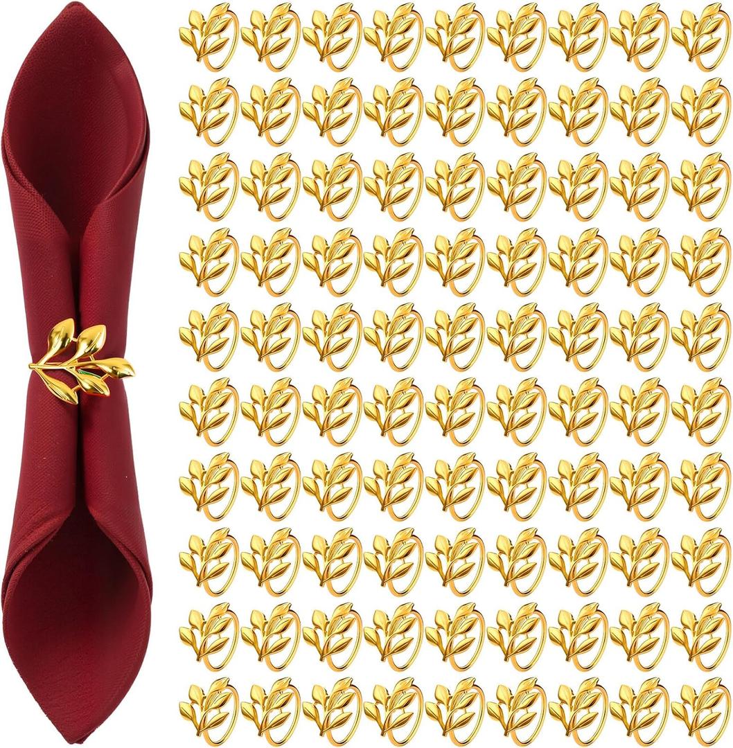 WILLBOND Leaf Napkin Rings Holders Fall Party Napkin Rings for Christmas Thanksgiving Parties, Wedding Adornment, Table Decoration Accessories(Gold,100 Pcs)