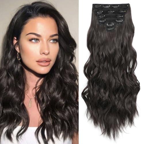 Fliace Clip in Hair Extensions, 6 PCS 24 Inch Hair Extensions Clip Ins, Black Long Wavy Hairpieces(24inch, 6pcs, Dark Brown)