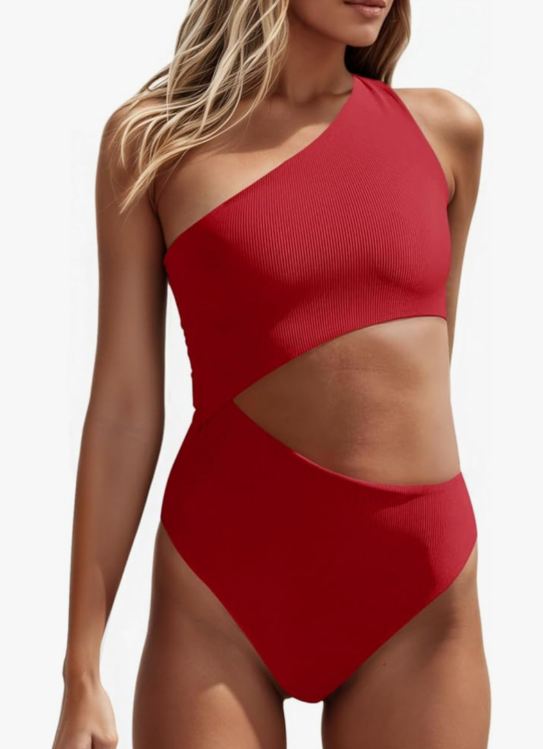 Women's One Piece Ribbed Swimsuit One Shoulder Cutout Swimwear Sexy Bathing Suit, Size L