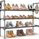 LANTEFUL 3 Tier Shoe Rack for Closet, Shoe Organizer with 5 Hooks, Long Shoe Shelf Storage for Shoe and Boot Stackable Free Standing Shoe Rack for Entryway, Garage, Small Spaces, Dorm, Grey (27.8"W x 12"D x 28.4"H)