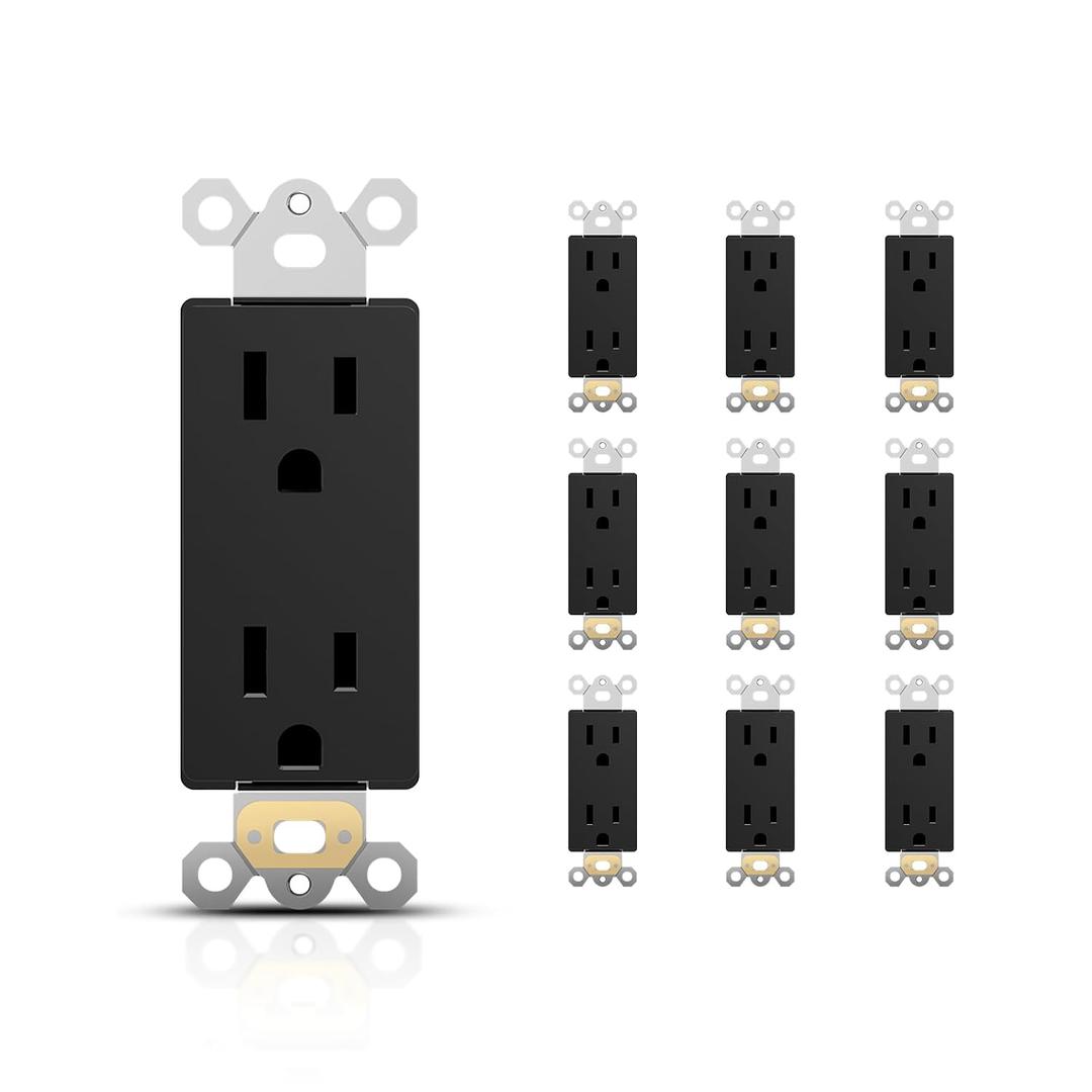 Decorator Wall Outlets, 15A 125V Standard Electrical Receptacle Outlet, 2 Pole 3 Wire, Non-Tamper Resistant, NEMA 5-15R, Self-Grounding Residential Grade, UL, Black, 10 Pack