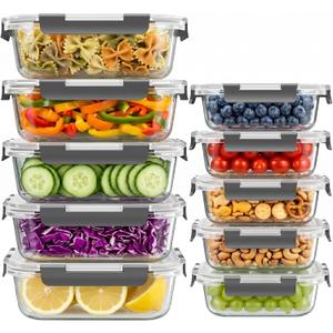 Dealusy 10 Sets (20-Piece) 4.5 Cup & 1.5 Cup Glass Food Storage Containers with lids, Airtight Leak-proof Glass Meal Prep Containers with Lids, Microwave Oven Freezer Dishwasher Safe, Gray, 12 ounces