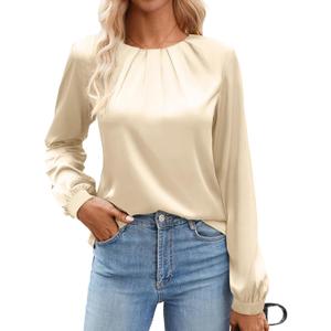 Bluetime Women's Silk Dressy Casual Business Blouse Pleated Long Sleeve Shirts Satin Office Work Tops Fall Outfits (L)
