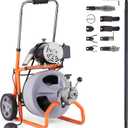 VEVOR Drain Cleaner Machine 75FT x 3/8 Inch, Auto Feed Sewer Snake Drain Auger on Wheels, Portable Drain Cleaning Machine with 8 Cutters & Air-activated Foot Switch for 2" to 4" Pipes