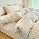 PinkMemory Beige Striped Duvet Cover Set Queen 100% Washed Cotton Beige Wide and Pinstriped Pattern Bedding Duvet Cover Set with Streak Pillowcases-Ultra Soft Breathable Zipper Closure Corner Ties
