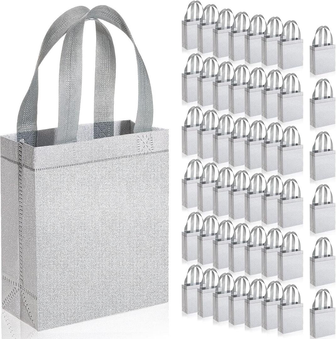 Woanger 48 Pack Glitter Gift Bags with Handle Reusable Goodie Bags Non Woven Glitter Bling Tote for Wedding Birthday Bridal Shower Holiday Party(6.5 x 3.1 x 7.8 Inch,Silver)