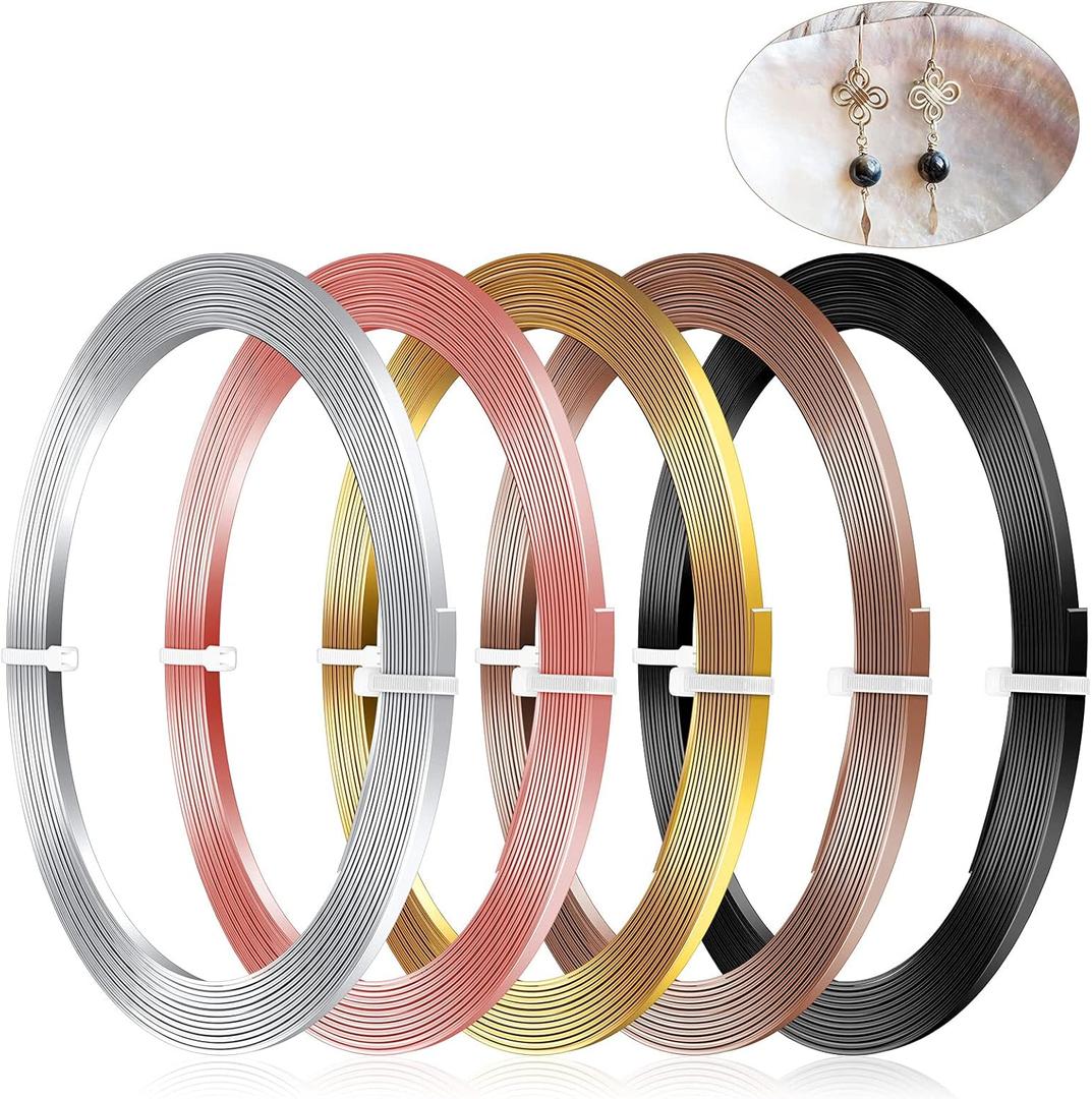 Hotop 5 Rolls Flat Aluminum Wire Bendable Anodized Craft Wire for Jewelry Making Soft Metal for DIY Bezel Sculpting, 16.4 Feet 3 mm, Gold, Silver, Black, Light Copper, Brown