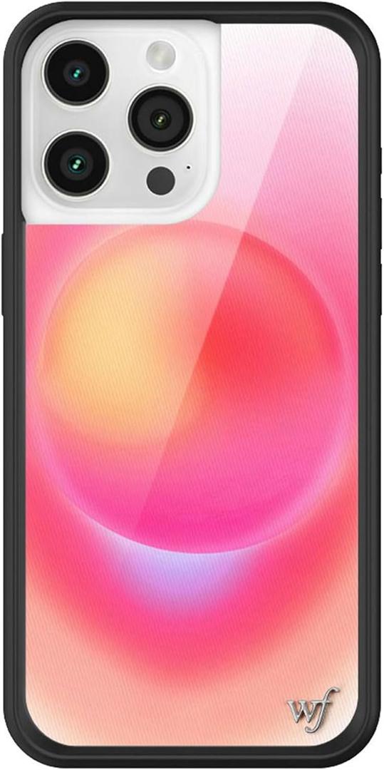 Wildflower Cases - Compatible with iPhone 15 Pro Max | Protective Black Bumper, 6.5ft Drop Test Certified, Women Owned Small Business | Orange Sunset Pink Sky Aesthetic Cute Trendy |Hot Pink Aura
