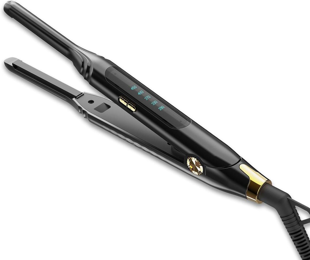 Pencil Flat Iron 3/10'' Small Flat Irons for Short Hair,Pixie Cut & Bangs,Hair Straightener for Edge with LED Display,Travel Mini Hair Straightener with Dual Voltage,Auto Shut Off, Black