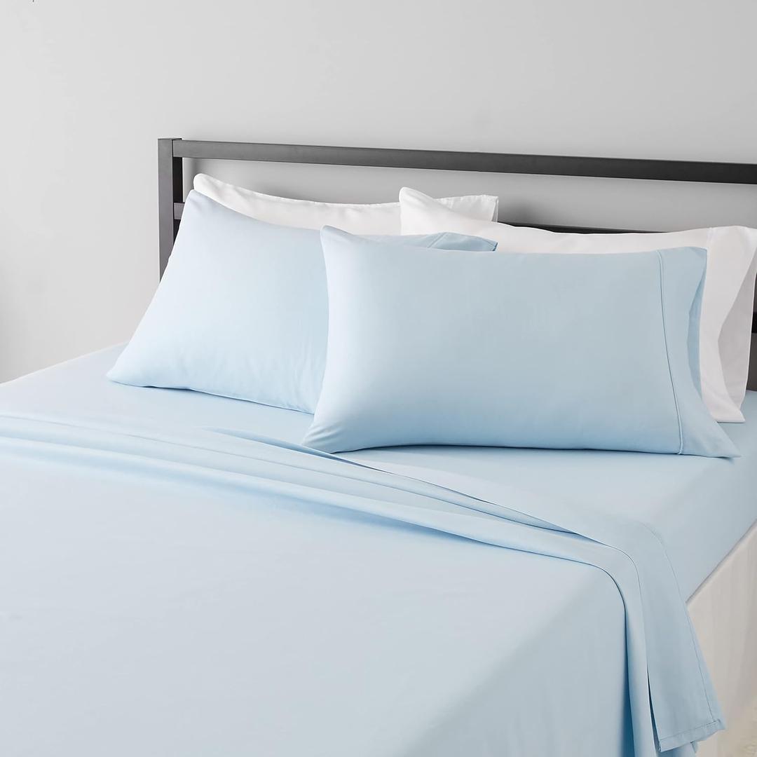 Amazon Basics Breathable, Ultra-Soft, Wrinkle-Resistant Microfiber 4-Piece Bed Sheet Set with 14-Inch Deep Pockets, Machine Washable, Full, Light Blue, Solid