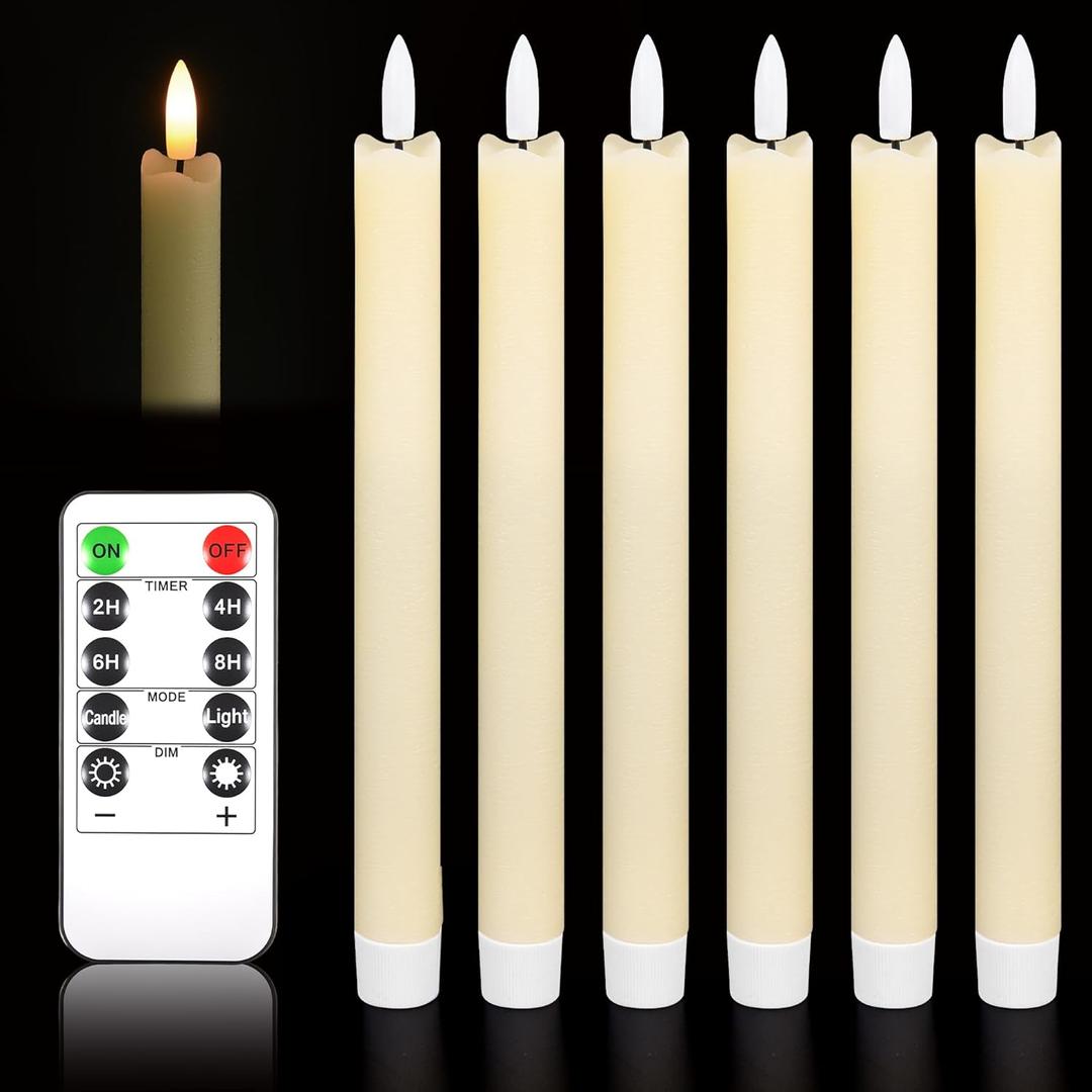 Upgraded 6 Pack Realistic Wax Flameless Taper Candles With Remote & Timer, 9.8 Inches Ivory Fake Candlesticks Battery Operated 3d Flickering, Functionality Led Candles For Indoor Home Decor