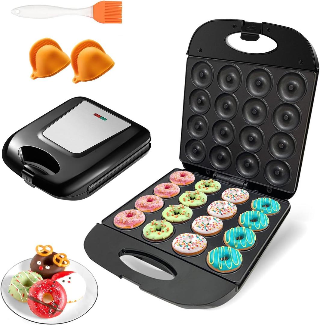 Mini Donut Maker Machine for Home, Kid-Friendly 16-Hole Electric Doughnut and Pancake Maker with Non-Stick Surface, Ideal for Homemade Doughnuts (Black with 1 Pair Mini Oven Gloves & Brush)