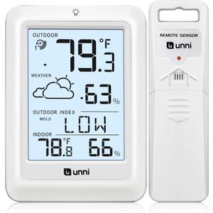 Indoor Outdoor Thermometer Wireless Weather Station, Temperature Humidity Monitor Battery Powered Inside Outside Thermometers with 330ft Range Remote Sensor and Backlight DisplayWH01 (White)